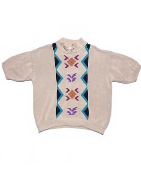 Vintage Carriage Court Knit Short-Sleeve Sweater Southwestern Pattern 80s